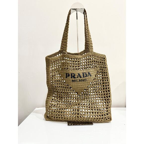 Prada Raffia Embroidered Lettering Logo Large Crochet Tote Handbag Green Olive - Picture 2 of 3
